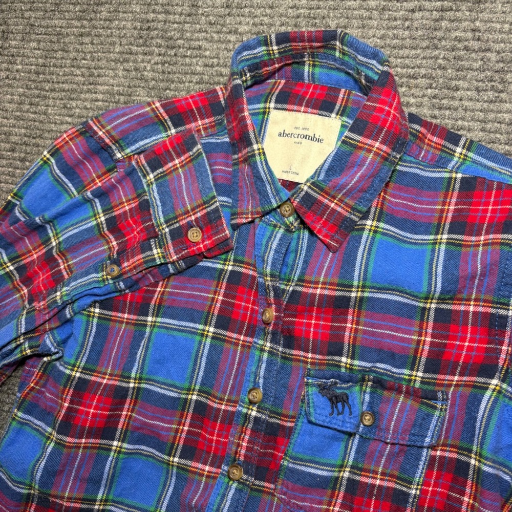 Abercrombie Kids Boys Large Blue Red Plaid Flannel Button Down Shirt Moose‎ Logo